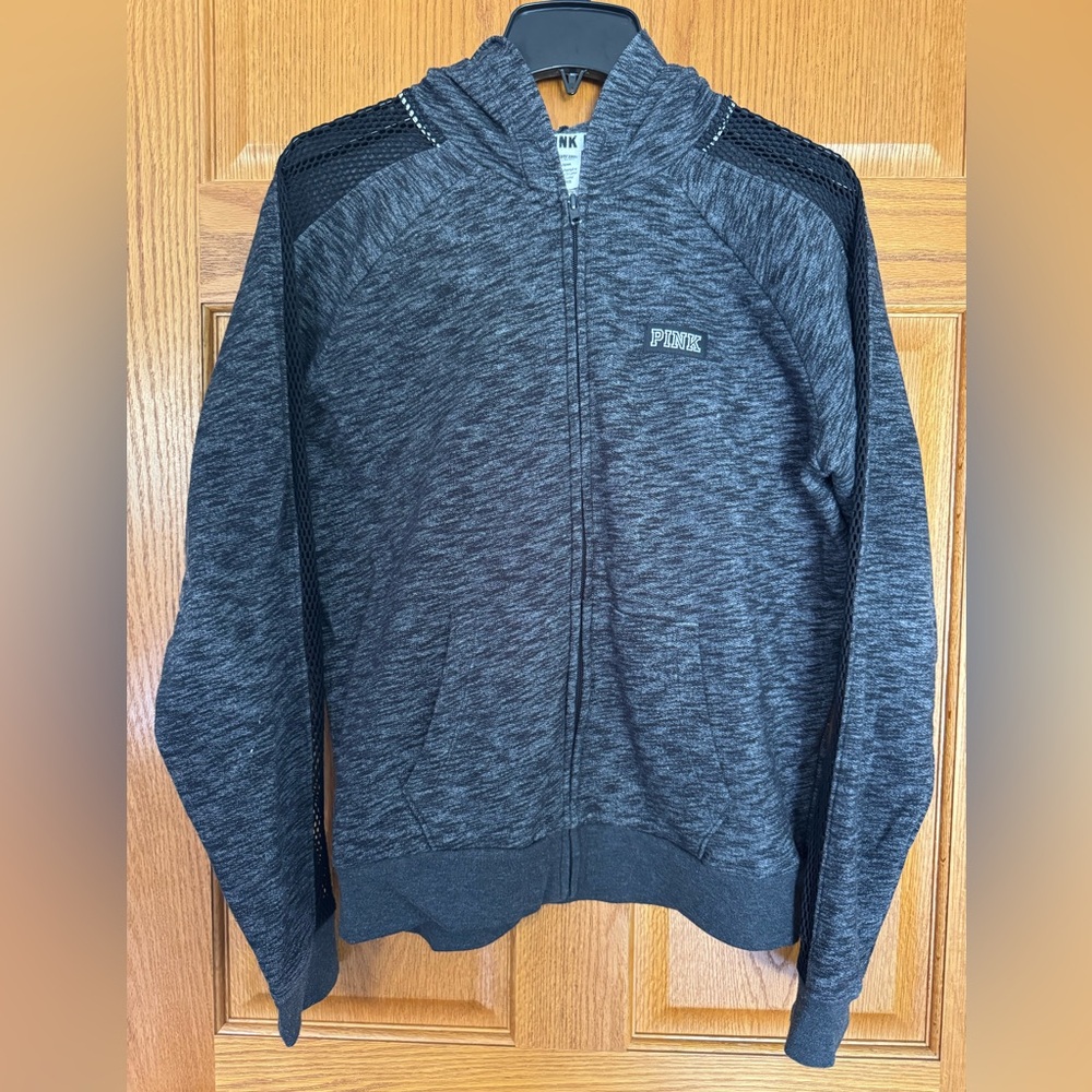 Victoria’s Secret PINK Grey Zip Up Hoodie with Mesh Sleeves & Sequin Logo Large